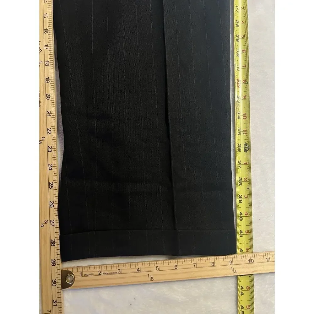 Kasper Mens 44L 35x29 Black Banker's Stripe Suit Virgin Wool 3/2 Roll